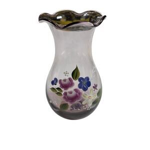 Fenton Floral Hand Painted Amethyst Purple Teleflora Vase Ruffle Trim Vtg 80s